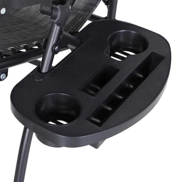 Black cup holder tray on grey reclining lounge chair armrest with two drink slots
