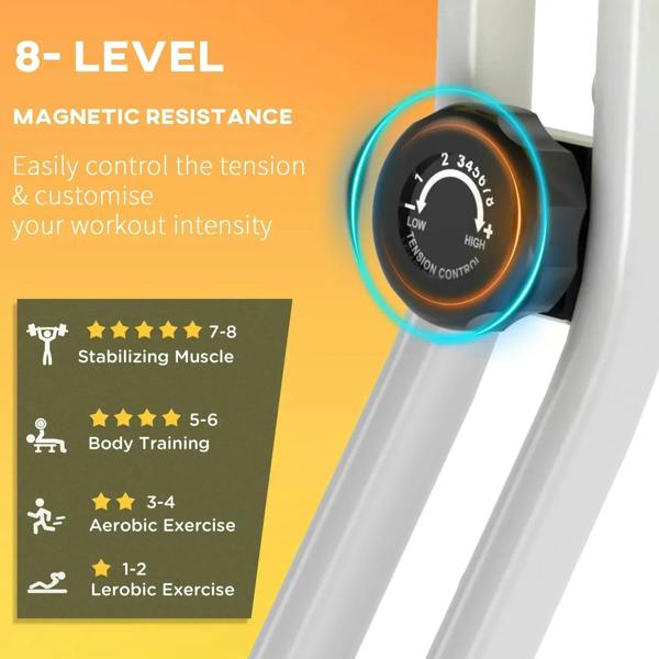 Magnetic resistance control dial on folding exercise bike with low-to-high settings