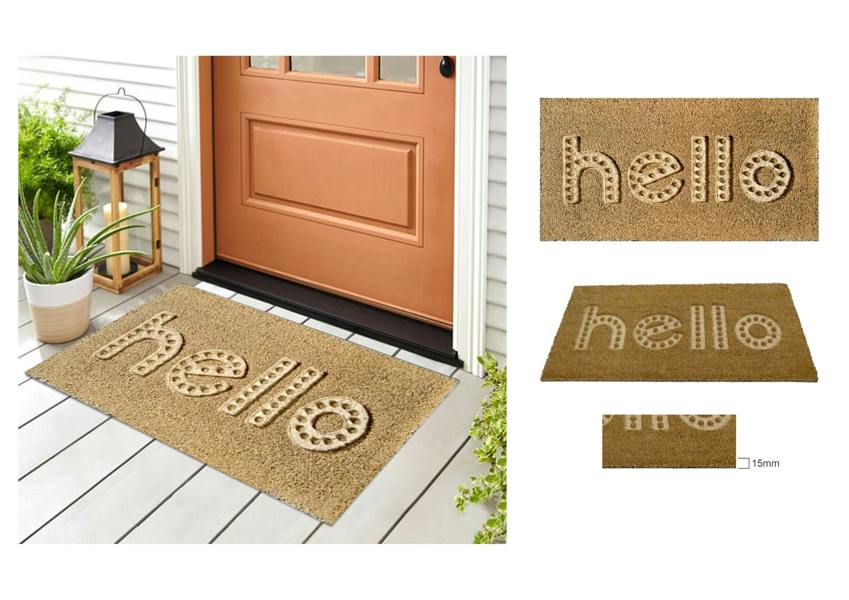 A.Unique Home 15mm Coir Doormat Non-Slip PVC Back - Hello Embossed 40x80cm