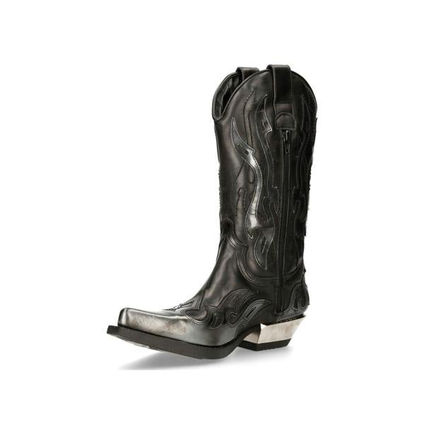 New Rock Flame Accented Black/Silver Leather Biker Cowboy Boots- M-7921-S3