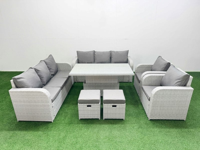 Fimous Light Grey PE Rattan High Back Lounge Set - Adjustable Lifting Dining/Coffee Table, 3-Seater Sofa, Reclining Chair & Stools