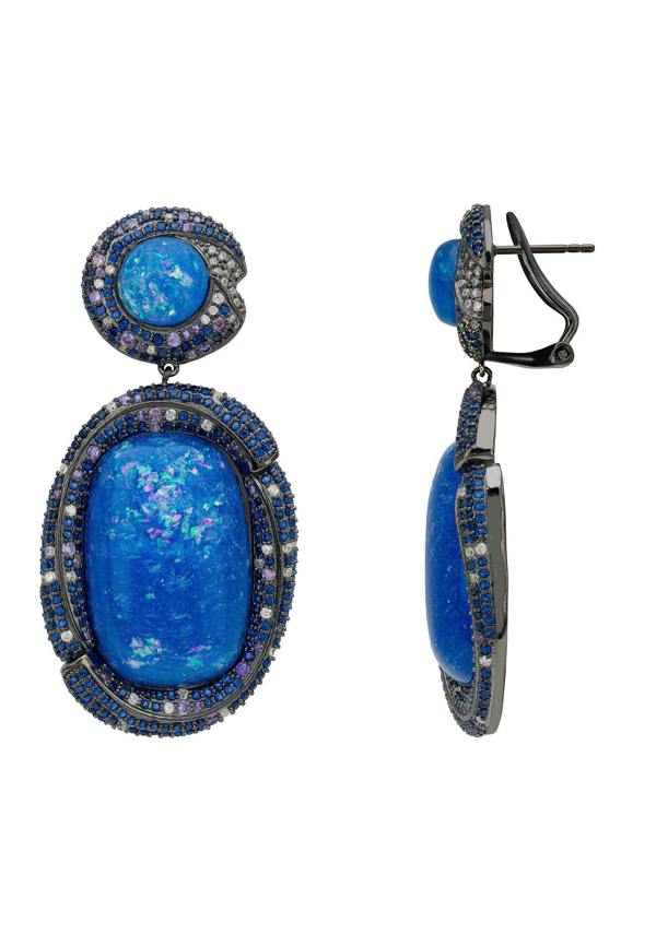 Latelita Fiorella Blue Opal Drop Earrings Silver Oxidised