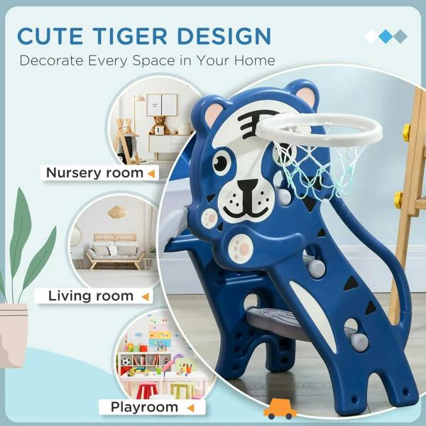 Blue bear-themed baby slide with basketball hoop and circular launcher basket