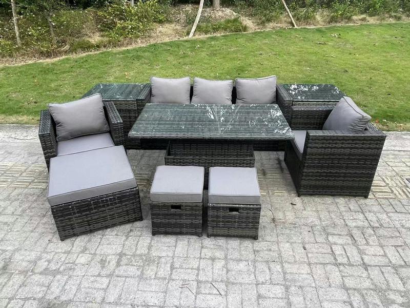Fimous 8 Seater Wicker PE Rattan Garden Furniture Patio Set, Adjustable Height Dining Table, Armchairs, 2 Side Tables, 3 Footstools, Dark Grey Mixed