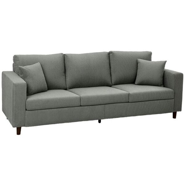 3 Seater Sofa with Wide Seat, Corduroy Fabric Couch with Deep Seat, Spring Cushion, Light Grey