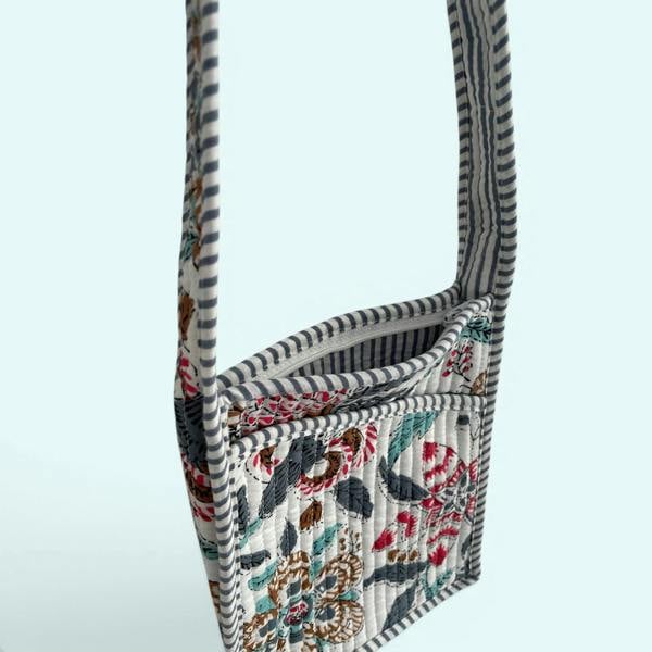 Hayley & Co Mini Cross Body Bag - Grey with Turquoise and Red Block Print Floral