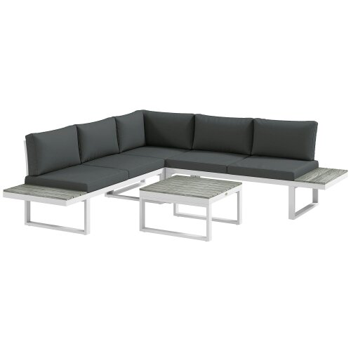 Wyld Haus Vayo Metal White Frame 5 Seater Reclining Corner Garden Sofa Set With Wood Effect Table And Grey Cushions