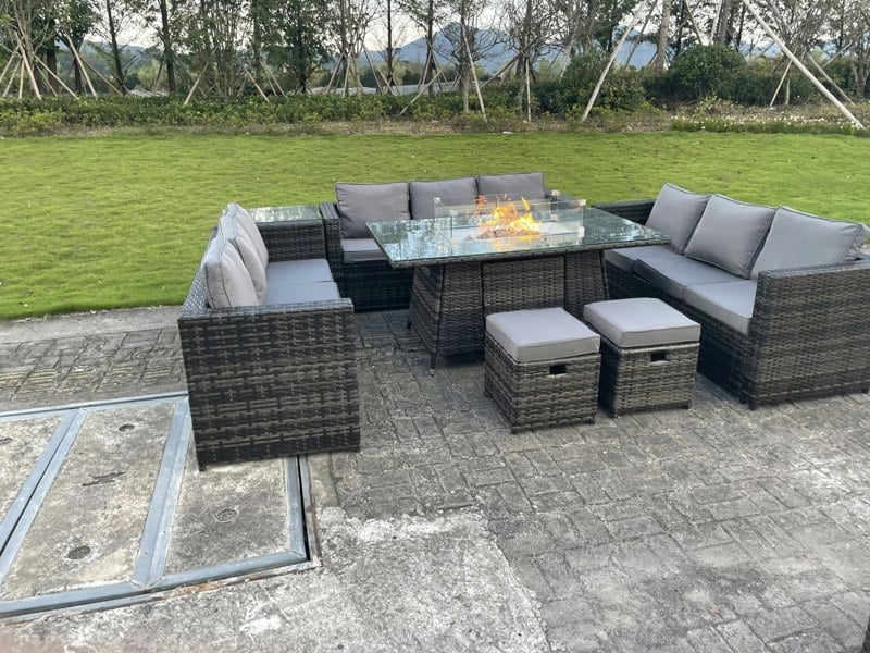 Fimous Rattan Outdoor Garden Furniture Set with Gas Fire Pit Dining Table, 3 Sofas, 1 Side Table, 2 Small Footstools - 11 Seater - Dark Grey