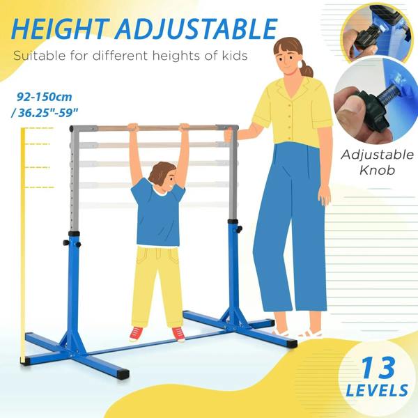 Blue height-adjustable kids horizontal bar with adjustable height setup for different users