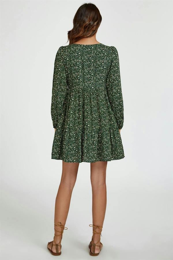 FS Collection Little Floral Print Square Neck Mini Dress In Olive Green