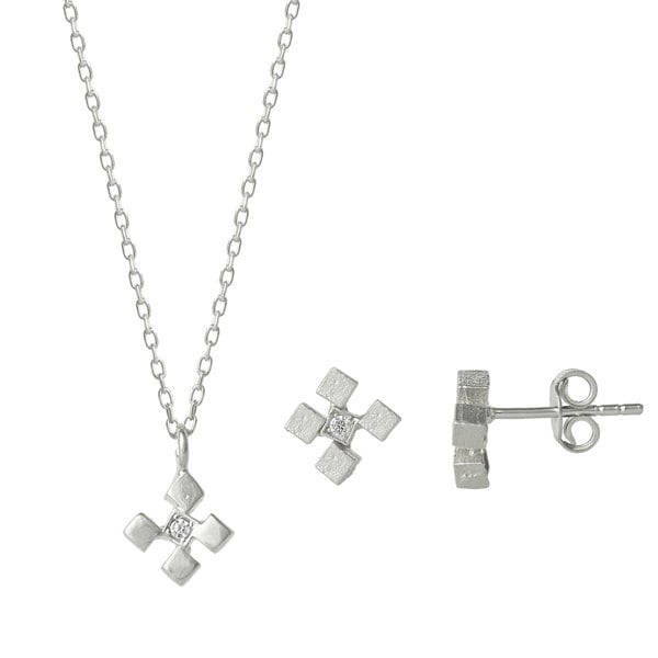 Spero London Four Cube Blocks Natural Sterling Silver Authentic Earring & Pendant Necklace Set