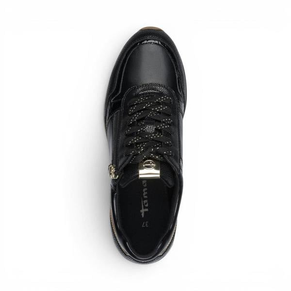 Tamaris Womens Black Faux Leather Fashion Lace Up Sneakers - 23613-46