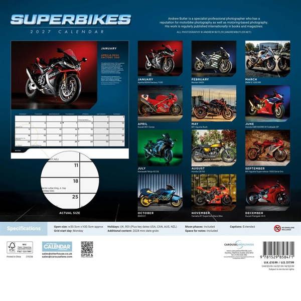 Superbikes Calendar 2027, Wall Calendars, Month To View, Transport, Gift