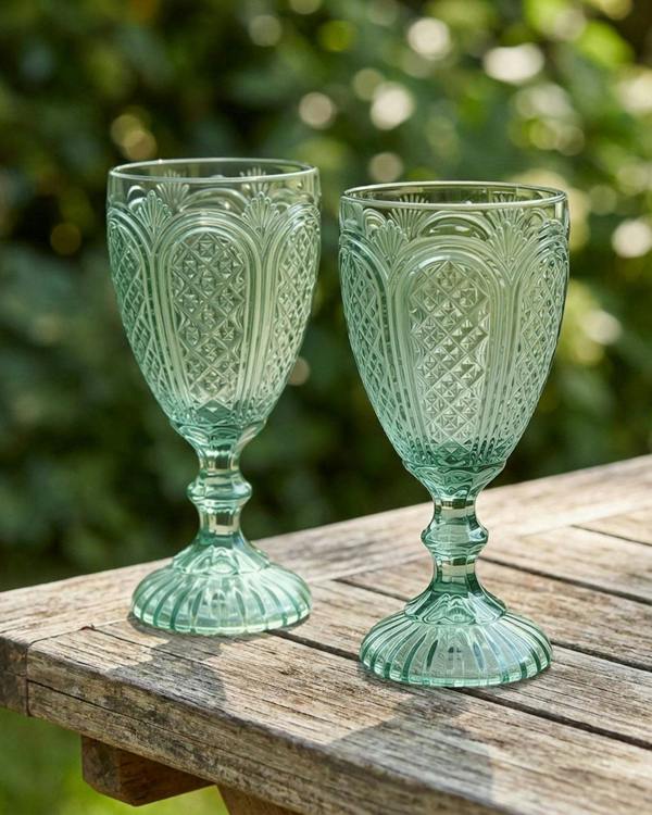 Set of green glass goblets on a white surface with flowers.