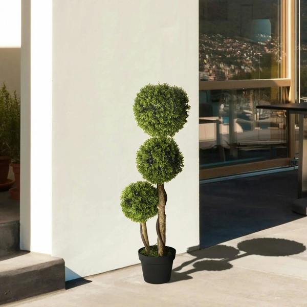 Artificial boxwood ball topiary tree set in black pot, three green spheres on display
