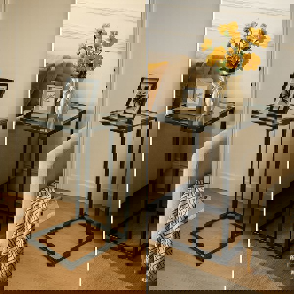 Storvo Tempered Glass C Shape Metal Side Table Black