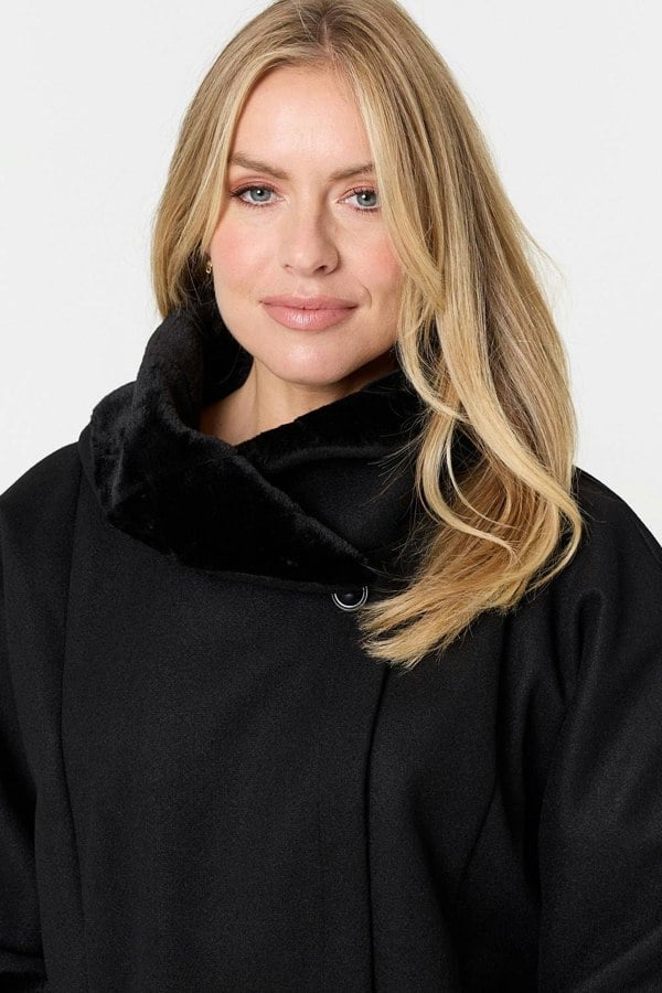Black | Faux Fur Trim 3/4 Sleeve Cape Coat
