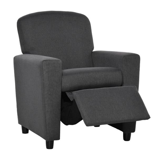 Grey kids armchair sofa with fold-out footrest, upholstered fabric and square arms