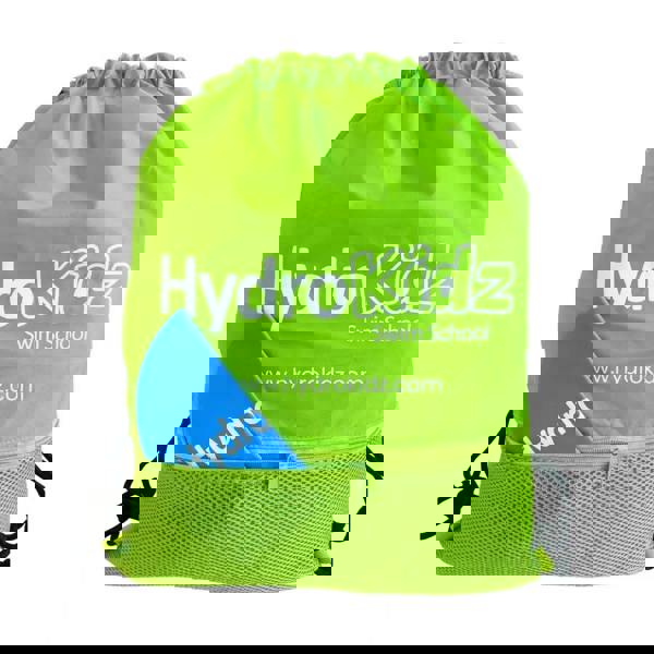 Lime green HydroKidz drawstring swim bag with mesh pocket and logo