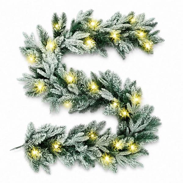 2m Pre-Lit Lapland Fir Christmas Wreath with 30 Warm White LEDs, Snow Flock Finish image 1