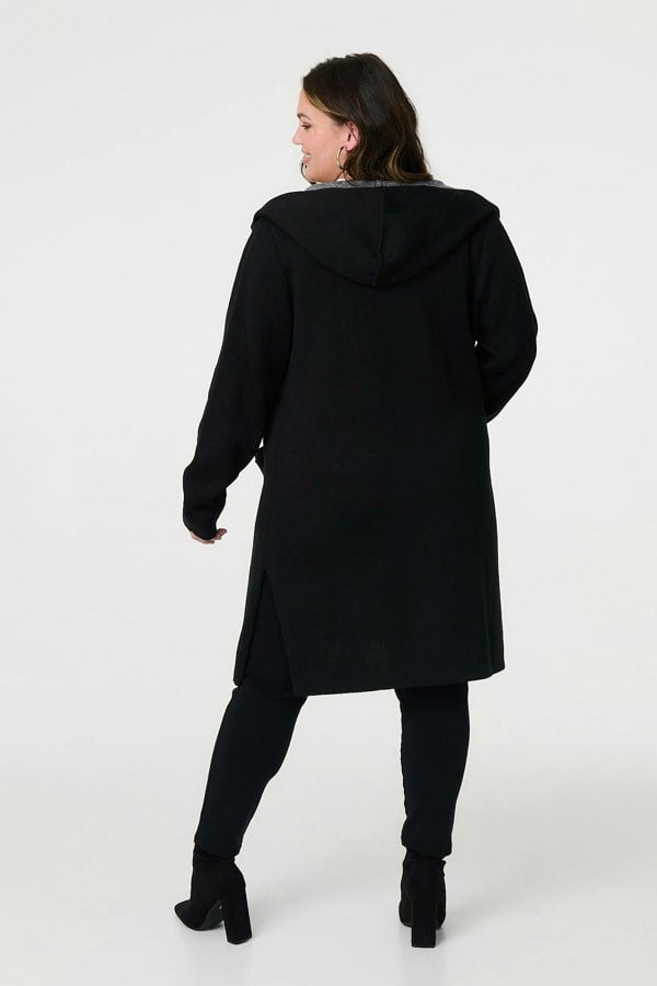 Black | Open Front Hooded Longline Cardigan