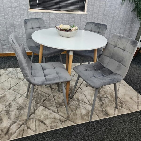Kosy Koala Dining Table and 4 Chairs  White Round Wood Table 4 Grey Velvet Chairs Dining Room Furniture