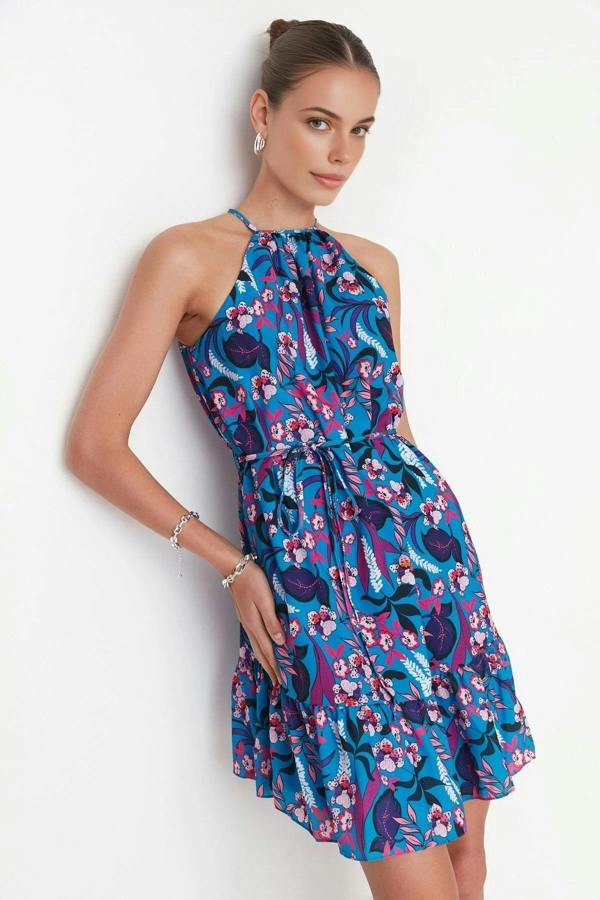 WOVCOR Floral Halter Neck A-Line Mini Woven Dress with Tie Detail