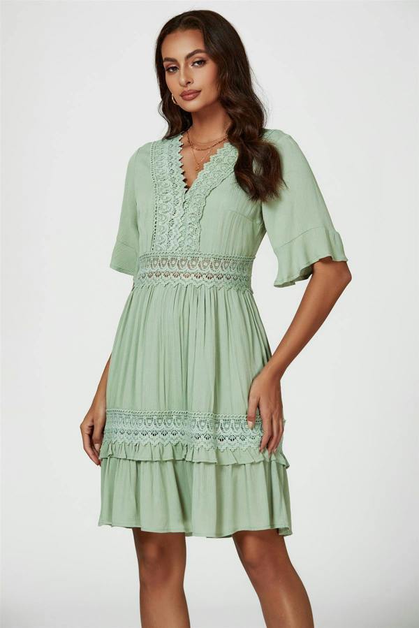 FS Collection V Neck Lace Mini Dress In Green