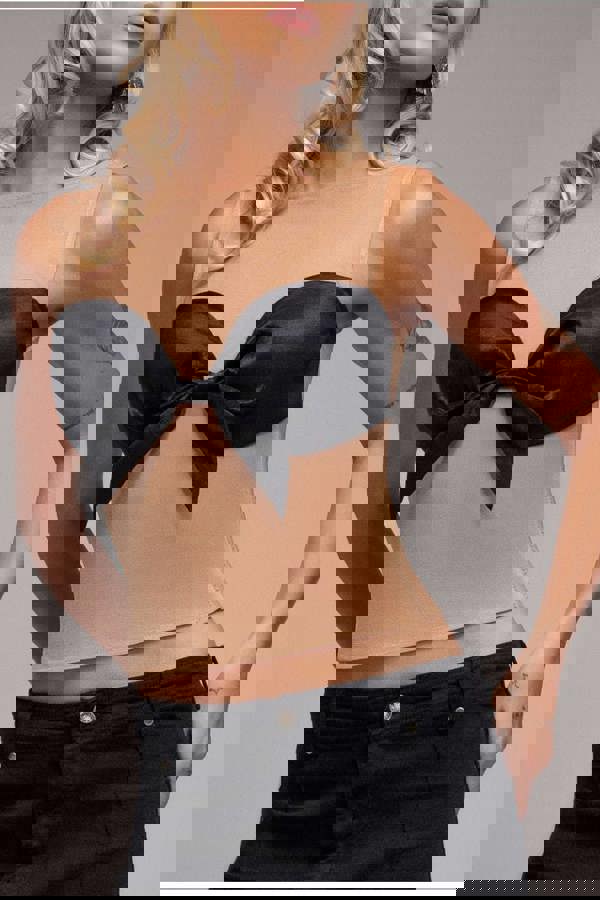 Nude Mesh Sleeveless Taffeta Bow Top - Black T236