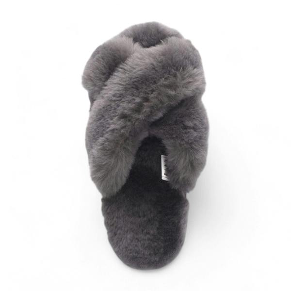 Infinity Leather Women's Sheepskin Slippers Grey Warm Winter Fur Crossover - Snowbelle