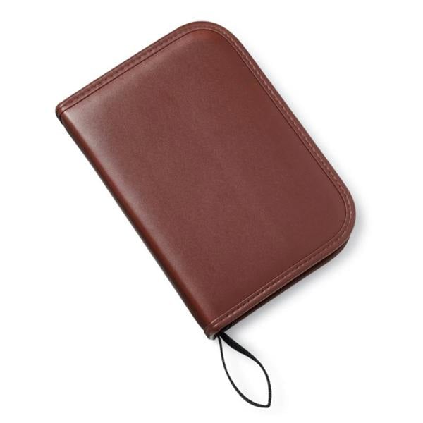A closed, rectangular cognac brown faux leather case with fine perimeter stitching and a black zipper loop, isolated on a plain white background.