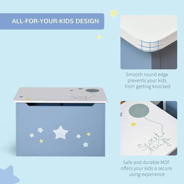 Kids wooden toy box, blue with white star pattern and smooth rounded corners