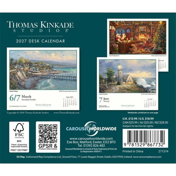 Kinkade, Studios Desk Calendar 2027, Desk Calendars, Day To View, Art, Gift