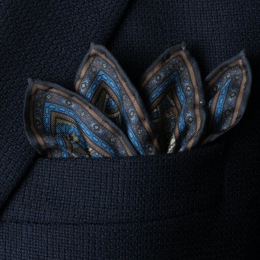 Otway & Orford 'Cypress' paisley silk pocket square in gold, brown, blue & green (42 x 42cm)