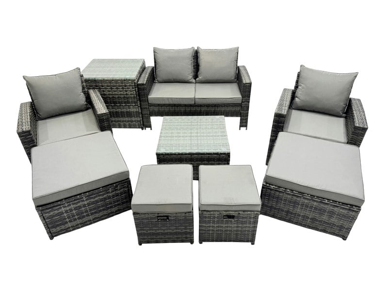 Fimous 8 Seater Rattan Garden Furniture Set with Sofa, Coffee Table, Side Table, 2 Chairs & 4 Footstools - Dark Grey