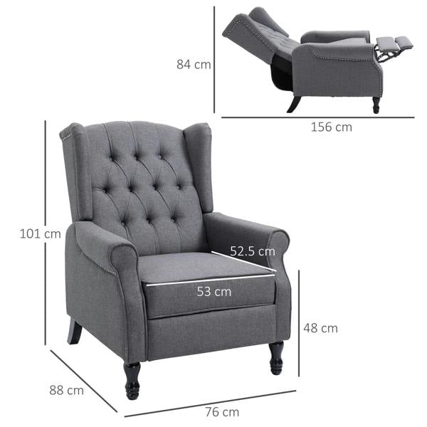 Light gray reclining wingback chair with tufted back and footrest
