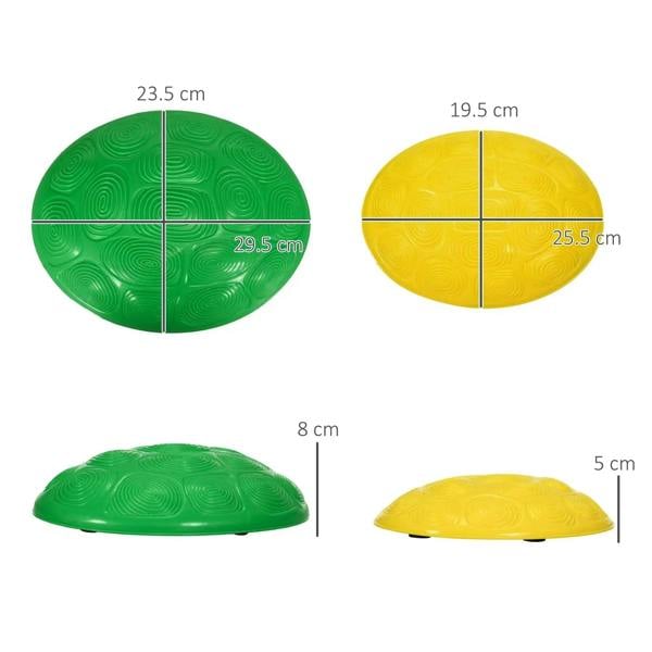 Round balance stepping stones, green and yellow pads with grid-style markings