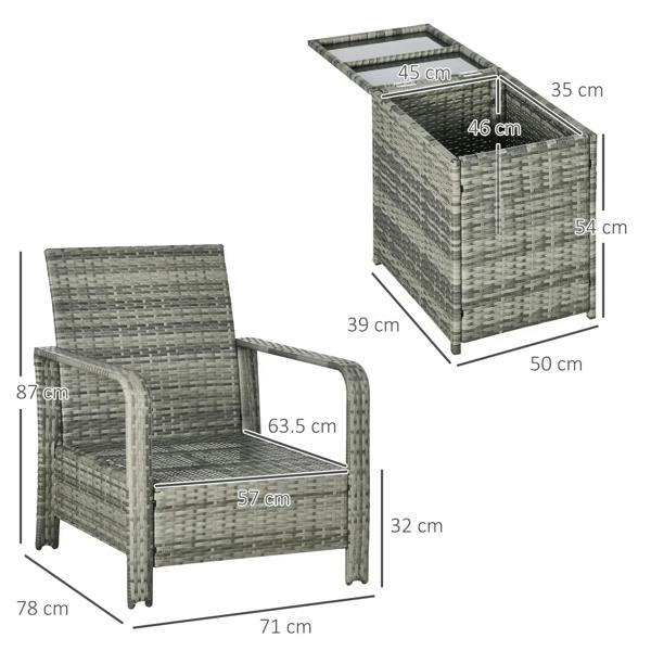 Wicker rattan armchair and storage side table with overall size measurements