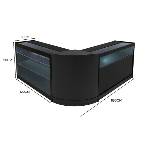 Triton LED Shop Counter Set in black, featuring sleek glass displays, curved edges, and dimensions of 120cm x 180cm x 90cm