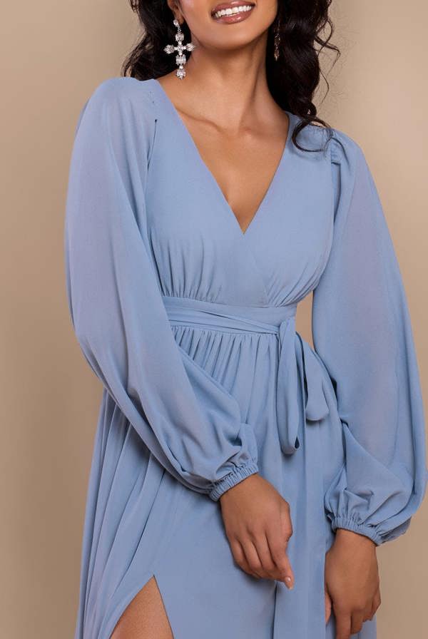 Sustainable Front Split Wrap Style Chiffon Maxi Dress - Airforce Blue DR4314BBS