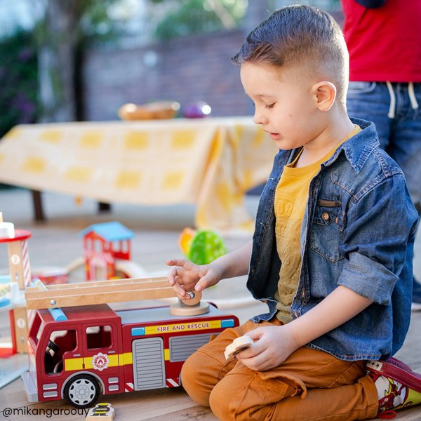 Tidlo Wooden Fire Engine Toy Featuring Removable Roof For Easy Access