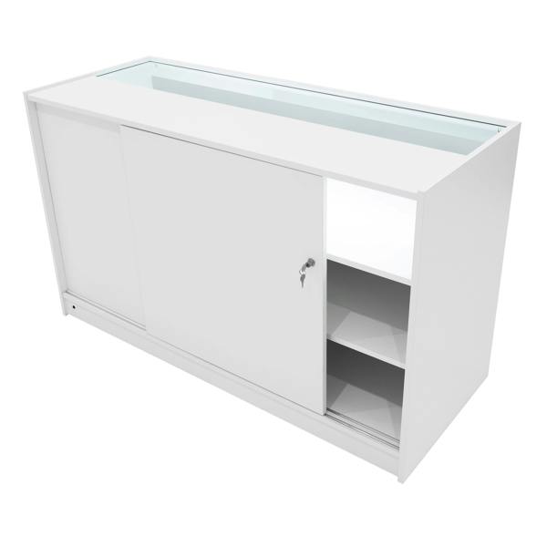 Helios LED shop counter set in white, featuring a sleek design with sliding doors, glass top, and interior shelving for storage