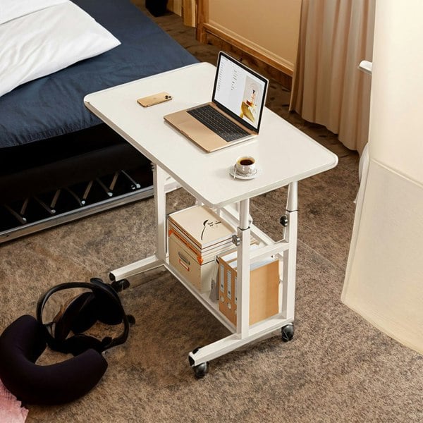 Living and Home 2-tier Height Adjustable Mobile Table Overbed Desk with Shelves Wheels