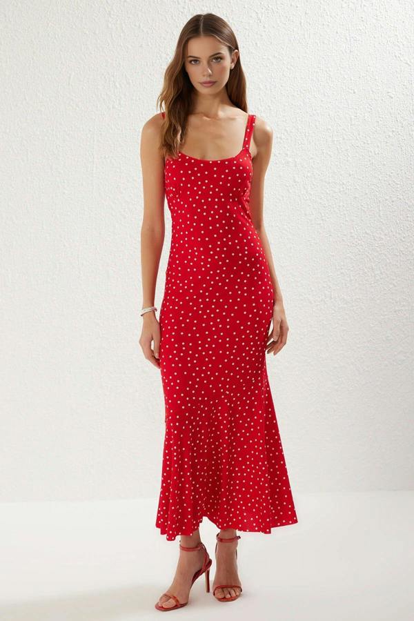 WOVCOR Polka Dot Strappy Fitting Knit Maxi Pencil Dress