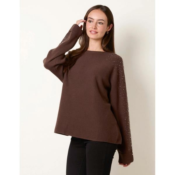 Blue Vanilla Diamante Sleeve Round Neck Knit Jumper