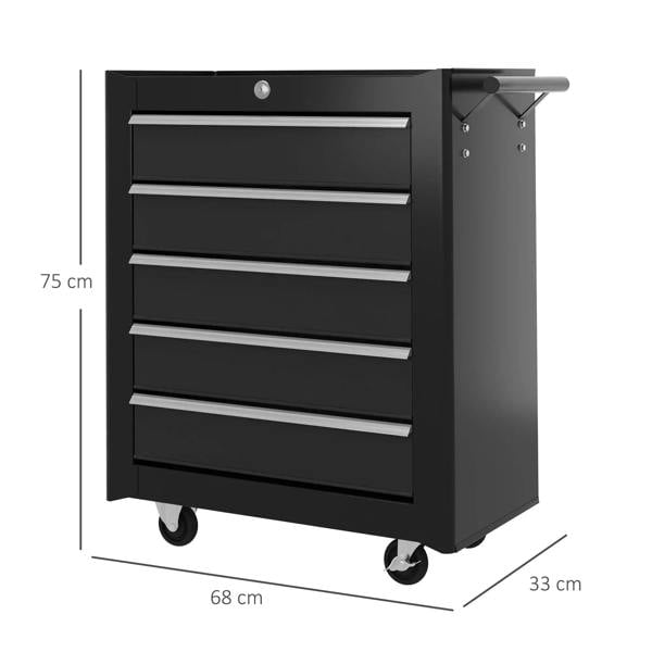 Black 5-drawer tool chest with lock, side handle, and wheels; front view with dimensions