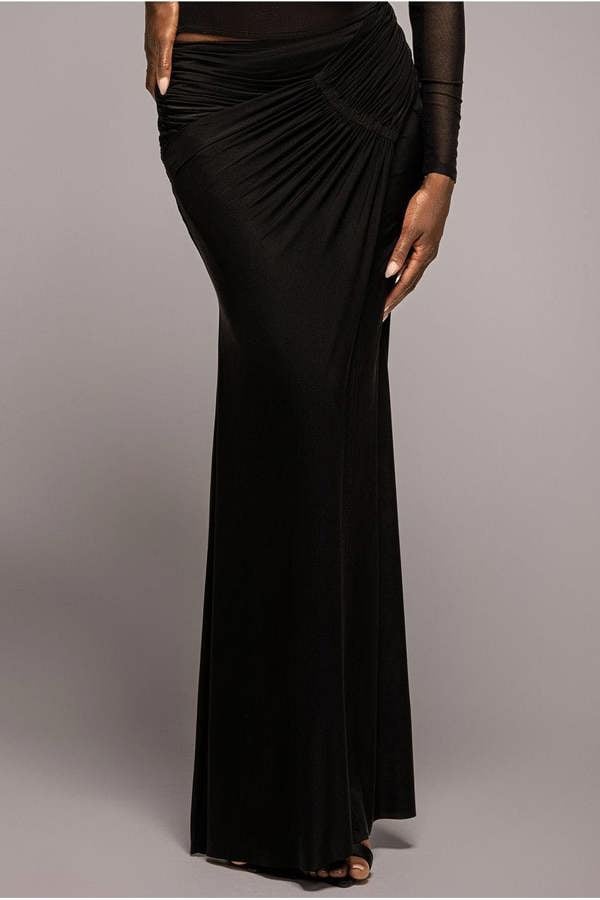 Asymmetric Gathered Front Split Maxi Skirt - Black SK62
