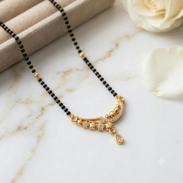 The Colourful Aura Rose Gold Plated CZ Crystal Floral Sweep Mangalsutra Black Bead Necklace 18 Inch