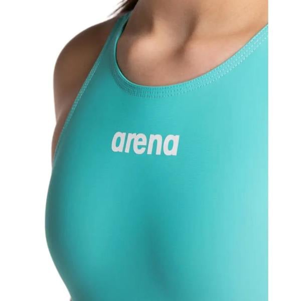 Arena Girls Powerskin teal swimsuit top with white logo in recycled materials