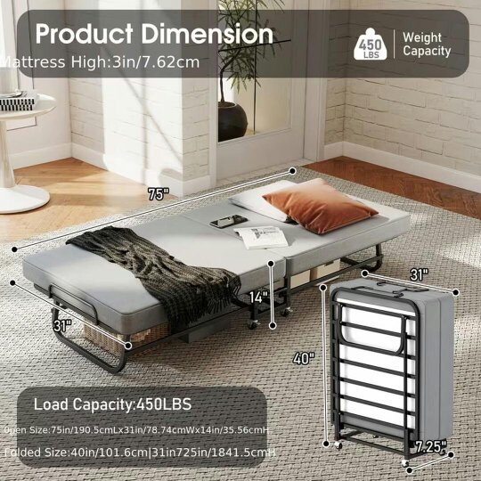 Havendro Adult Portable Folding Bed w/Memory Foam Mattress 190x80cm Wheels Easy Storage